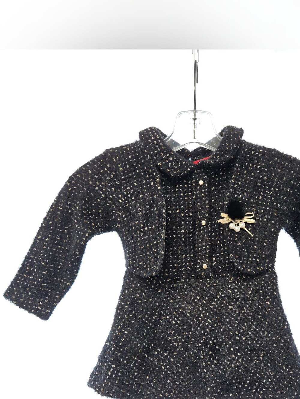 NWT Girls Timestar Gold Black Tweed Knit Dress With Mink Puff Accent 5044-A